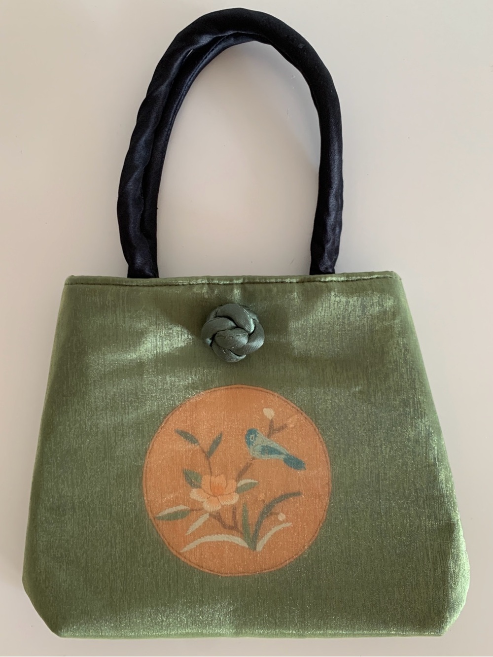 Green Silk Tote Bag with Bird Motif